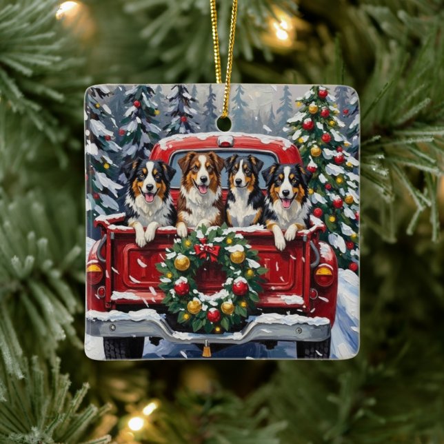 Adorno De Cerámica Australian Shepherd Christmas Red Truck Holiday (Árbol)