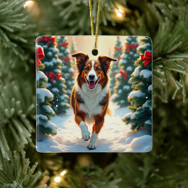 Adorno De Cerámica Australian Shepherd Christmas Tree Farm Painting (Árbol)