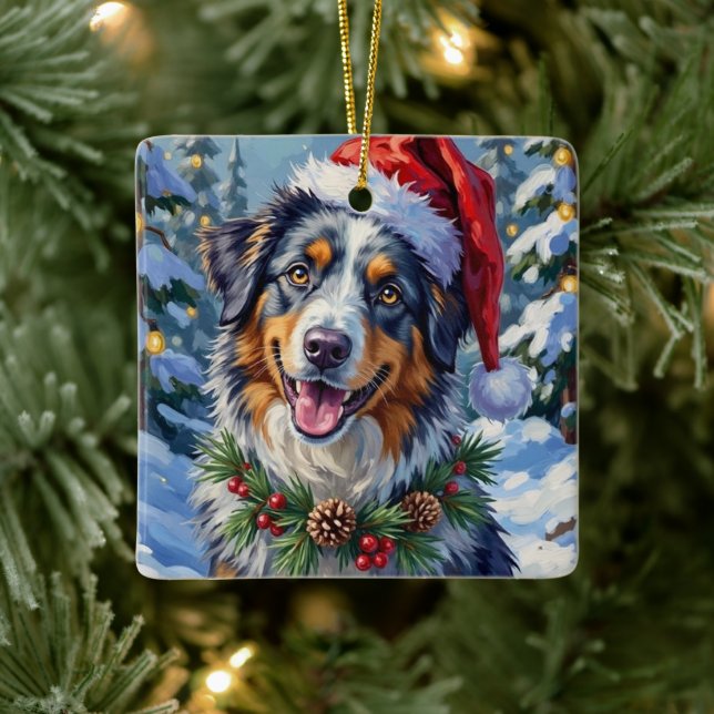 Adorno De Cerámica Australian Shepherd Merle Winter Christmas Art (Árbol)