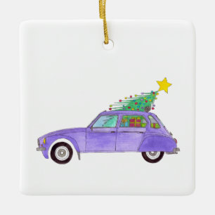 Adorno De Cerámica Auto morado con regalos de Navidades