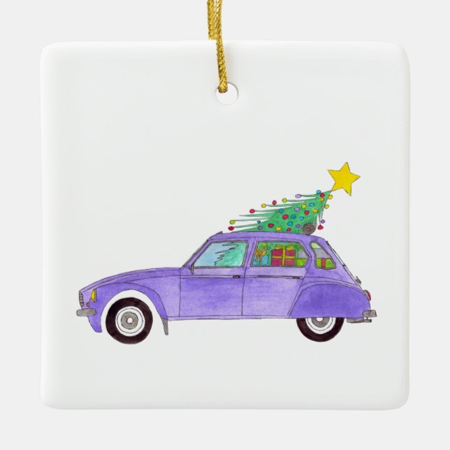 Adorno De Cerámica Auto morado con regalos de Navidades (Anverso)