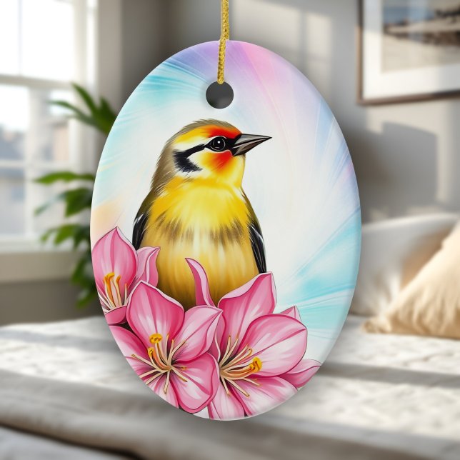 Adorno De Cerámica Ave Del Estado De Goldfinch Washington Con Azaleas (Ornament of a Goldfinch perched among pink azalea flowers, a Spring songbird memento for bird lovers)