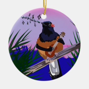 Adorno De Cerámica Ave Shama de Hawái jugando ukulele