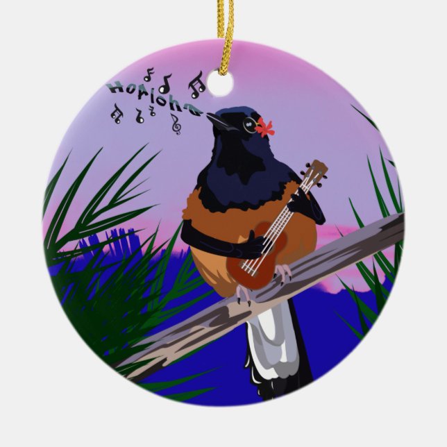 Adorno De Cerámica Ave Shama de Hawái jugando ukulele (Frente)