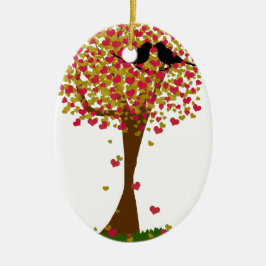 Adorno De Cerámica Aves amorosas de otoño en un árbol de corazones