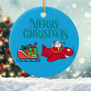 Adorno De Cerámica Avión de Santa Flying, Sleigh, Heart Photo, Navida