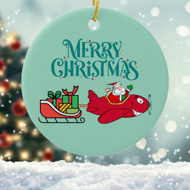 Adorno De Cerámica Avión de Santa Flying, Sleigh y regalos, Navidades