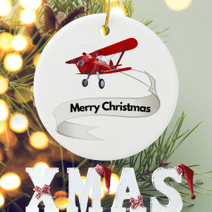 Adorno De Cerámica Avión Rojo Guay y Santa, pancarta navideña Feliz