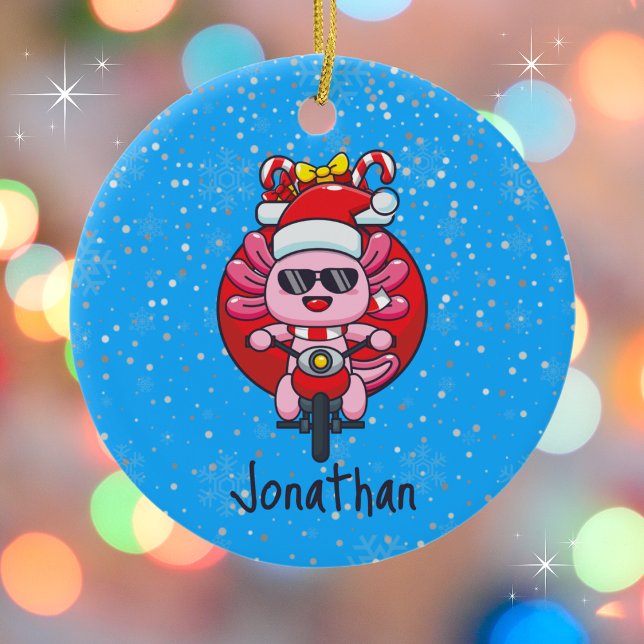 Adorno De Cerámica Axolotl lindo montando una motocicleta con Santa H (Personalize with a name. Available in assorted ornaments and products.)