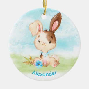 Adorno De Cerámica Azul acuarela Pequeño conejo