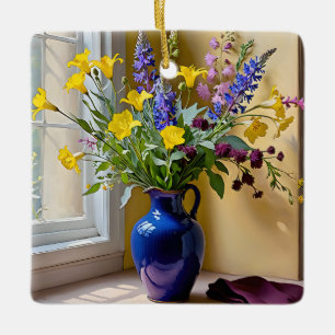 Adorno De Cerámica Azul amarillo morado florece arte