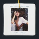 Adorno De Cerámica Azul claro elegante | Fotos de mora y casada<br><div class="desc">Typewriter neutro elegante azul claro | Ornamento cerámico de cerezo y foto casada Girly Cute</div>