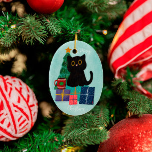 Adorno De Cerámica Azul Festivo Feliz Navidad Gato Negro Lindo Café