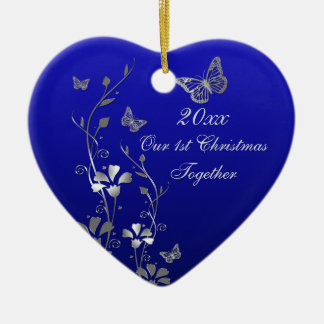 Adorno De Cerámica Azul, Gris Nuestros Primeros Navidades Guarda el O