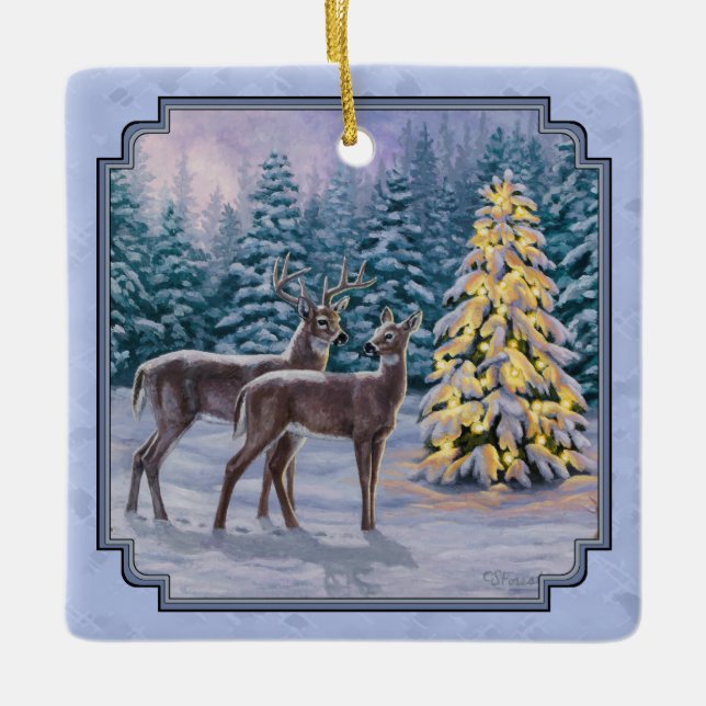 Adorno De Cerámica Azul invernal de ciervo y árbol de Navidad (Anverso)