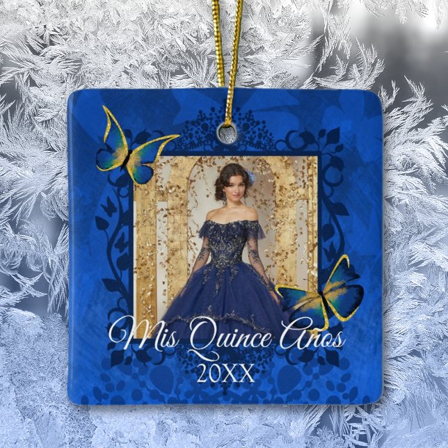 Adorno De Cerámica Azul, mariposas de oro Foto de Quinceanera (elegant blue, gold quinceanera gift christmas ornament butterfly keepsake royal blue dress portrait )