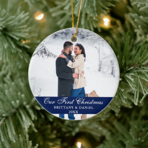 Adorno De Cerámica Azul Nuestra Primera Foto Pareja De Navidad
