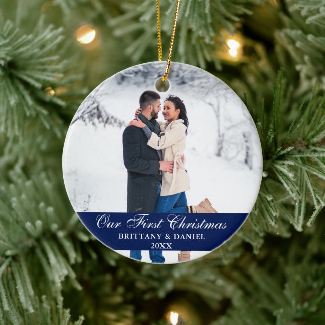 Adorno De Cerámica Azul Nuestra Primera Foto Pareja De Navidad (Árbol)