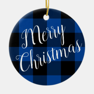 Adorno De Cerámica Azul Profundo y Plaid de Búfalo Negro Feliz Navida