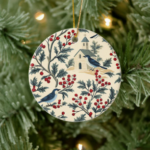 Adorno De Cerámica Azul Vintage Pájaro Navidad Crema Rojo
