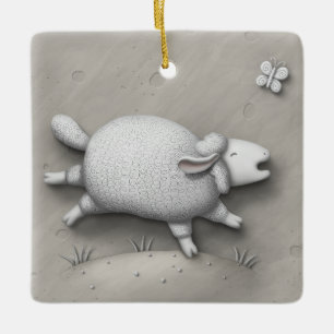 Adorno De Cerámica Baa Relief Cute Happy Sheep