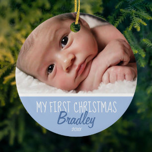 Adorno De Cerámica Babies First Christmas Photo Blue