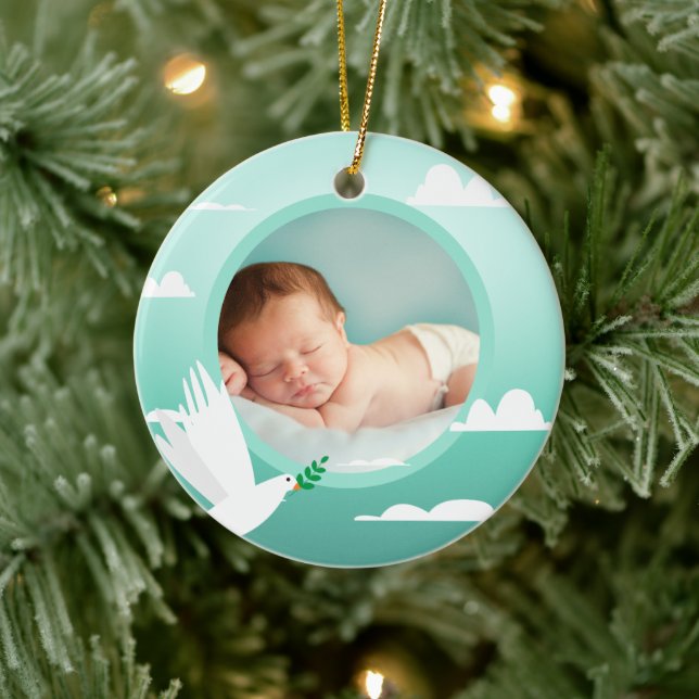 Adorno De Cerámica Baby Boy Baptism Dove Clouds Photo Frame (Árbol)