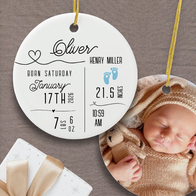 Adorno De Cerámica Baby Boy Birth Announcement Photo Name Stats (Personalized Baby Boy Custom Ornament Birth Announcement Name Stats Photo Baby's First Christmas)