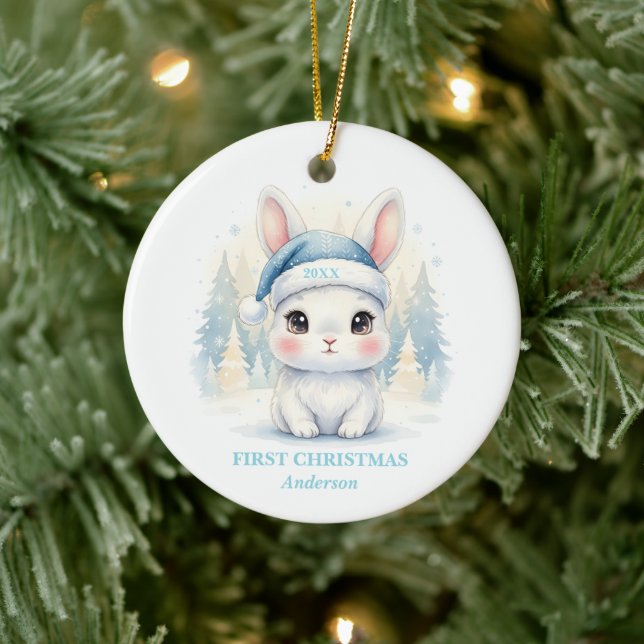 Adorno De Cerámica Baby Boy First Christmas Blue Bunny Photo (Árbol)