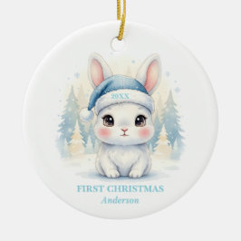 Adorno De Cerámica Baby Boy First Christmas Blue Bunny Photo