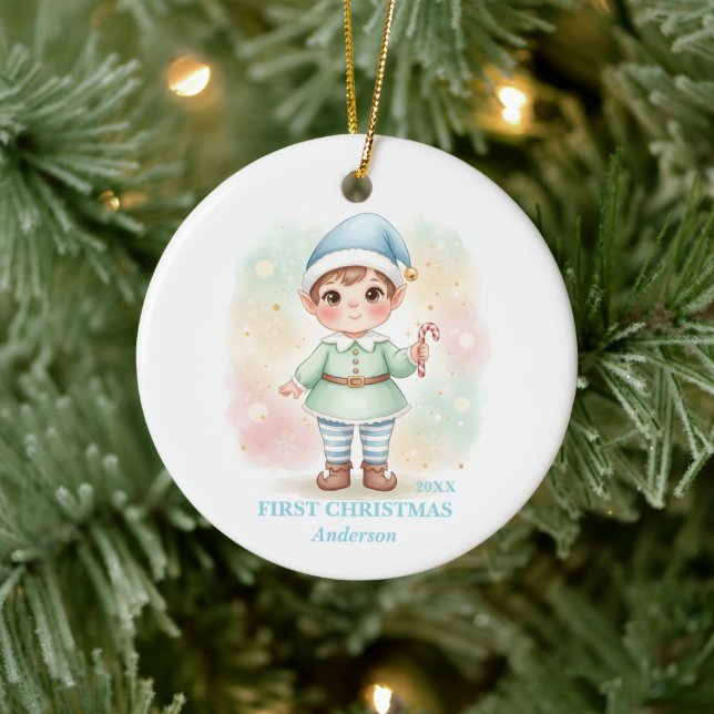 Adorno De Cerámica Baby Boy First Christmas Blue Elf Photo (Árbol)