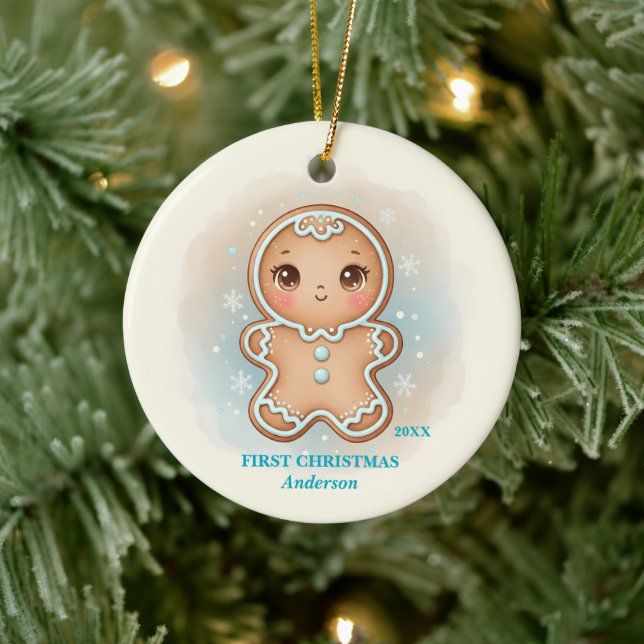 Adorno De Cerámica Baby Boy First Christmas Blue Gingerbread Photo (Árbol)
