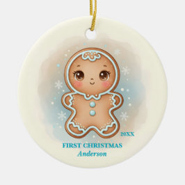 Adorno De Cerámica Baby Boy First Christmas Blue Gingerbread Photo