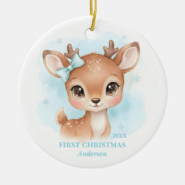 Adorno De Cerámica Baby Boy First Christmas Blue Reindeer Photo