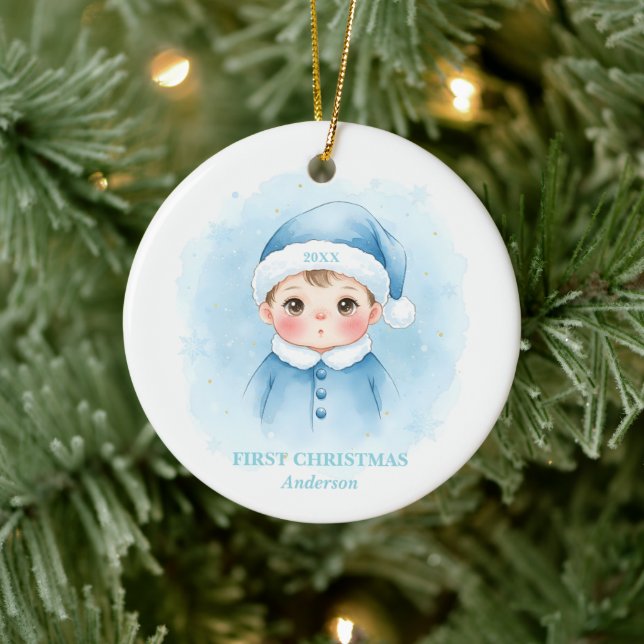 Adorno De Cerámica Baby Boy First Christmas Blue Santa Photo (Árbol)