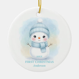 Adorno De Cerámica Baby Boy First Christmas Blue Snowman Photo