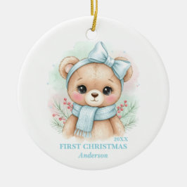 Adorno De Cerámica Baby Boy First Christmas Blue Teddy Bear Photo