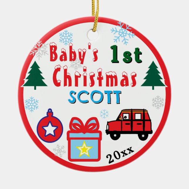 Adorno De Cerámica Baby Boy First Christmas Red  Car NAME (Frente)