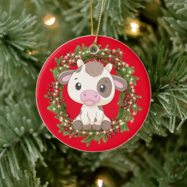 Adorno De Cerámica Baby Cow Merry Christmas Red (Árbol)