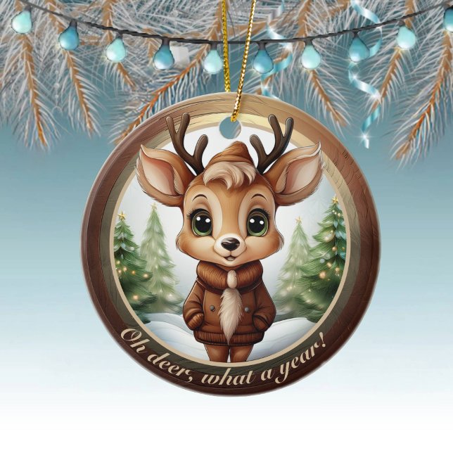 Adorno De Cerámica Baby Deer Antlers Animal Character Christmas 🦌🎄 (customizable text deer ornament custom reindeer christmas tree decoration antler holiday decor 🦌🎄)