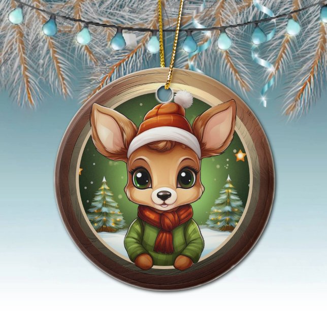 Adorno De Cerámica Baby Deer Rustic Doe Character Fawn Xmas Tree 🦌🎄 (Rustic Xmas Reindeer, Christmas fawn Decor, Deer Decoration, Fawn with Antlers Ceramic Ornament 🦌🎄)