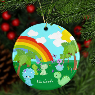 Adorno De Cerámica Baby Dinosaurs with Butterflies, Rainbow, and Sun