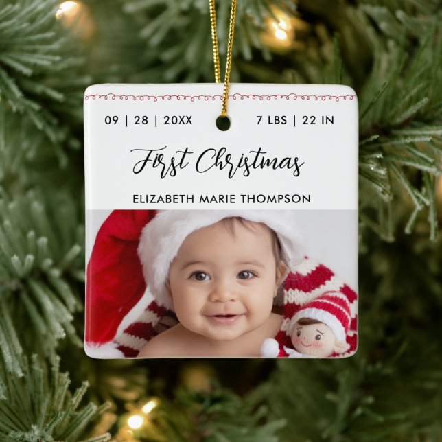 Adorno De Cerámica Baby First Christmas Birth Stats Name Calligraphy  (Árbol)