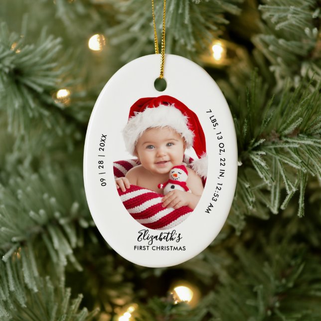 Adorno De Cerámica Baby First Christmas Birth Stats Name Minimal Chic (Árbol)