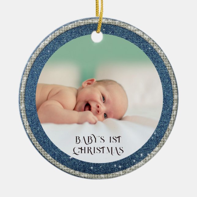 Adorno De Cerámica Baby First Christmas Denim Diamantes de imitación  (Frente)