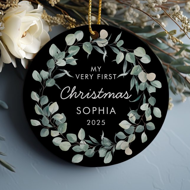 Adorno De Cerámica Baby First Christmas Eucalyptus Wreath Black (Subido por el creador)