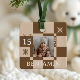 Adorno De Cerámica Baby First Christmas Fun Retro Checkerboard Photo