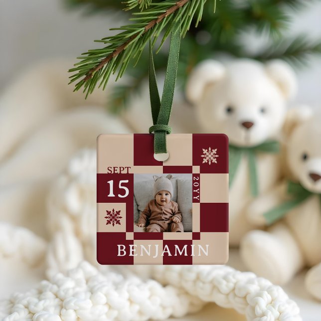 Adorno De Cerámica Baby First Christmas Fun Retro Checkerboard Photo (Baby First Christmas Fun Retro Checkerboard Photo Ceramic Ornament)