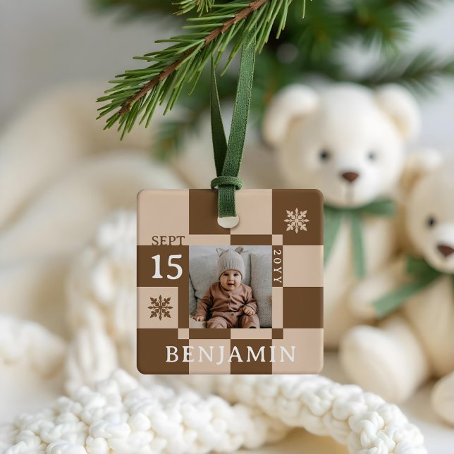 Adorno De Cerámica Baby First Christmas Fun Retro Checkerboard Photo (Baby First Christmas Fun Retro Checkerboard Photo Ceramic Ornament)
