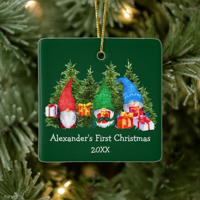 Adorno De Cerámica Baby First Christmas Gnomes Green Square (Árbol)